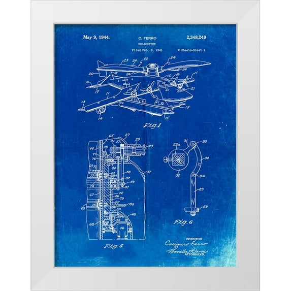 Borders, Cole 12x14 White Modern Wood Framed Museum Art Print Titled - PP500-Faded Blueprint Early Helicopter Patent Poster