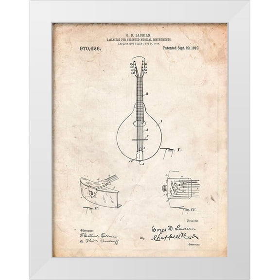 Borders, Cole 12x14 White Modern Wood Framed Museum Art Print Titled - PP514-Vintage Parchment Gibson Mandolin Tailpiece Patent Poster