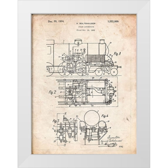 Borders, Cole 12x14 White Modern Wood Framed Museum Art Print Titled - PP516-Vintage Parchment Steam Train Locomotive Patent Poster