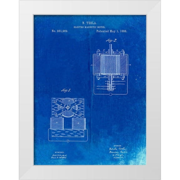 Borders, Cole 12x14 White Modern Wood Framed Museum Art Print Titled - PP532-Faded Blueprint Tesla Electro Magnetic Motor Poster