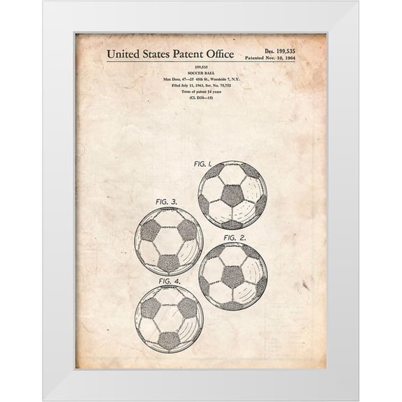 Borders, Cole 12x14 White Modern Wood Framed Museum Art Print Titled - PP587-Vintage Parchment Soccer Ball 4 Image Patent Poster
