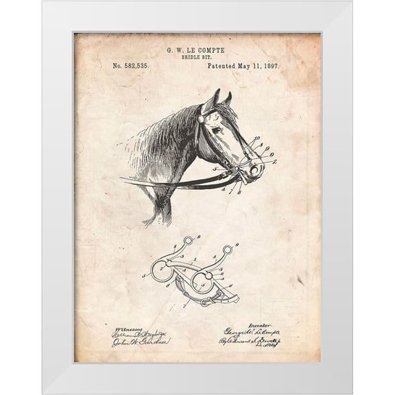 Borders, Cole 12x14 White Modern Wood Framed Museum Art Print Titled - PP611-Vintage Parchment Horse Bridle Bit Poster