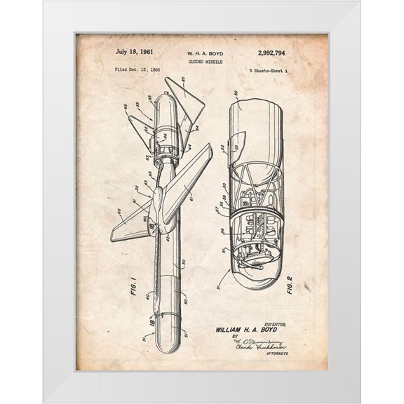 Borders, Cole 12x14 White Modern Wood Framed Museum Art Print Titled - PP624-Vintage Parchment Cold War Era Guided Missile Patent Poster