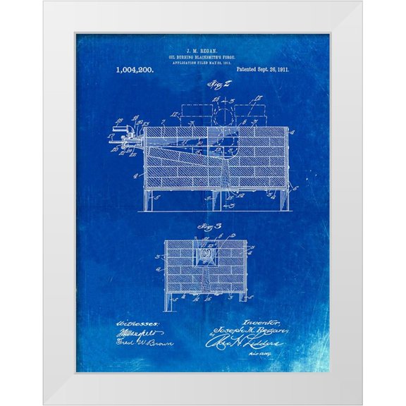 Borders, Cole 12x14 White Modern Wood Framed Museum Art Print Titled - PP742-Faded Blueprint Blacksmith Forge Patent Poster