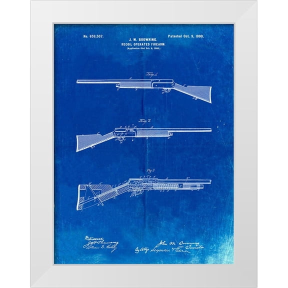 Borders, Cole 12x14 White Modern Wood Framed Museum Art Print Titled - PP754-Faded Blueprint Browning Auto 5 Shotgun 1900 Patent Poster