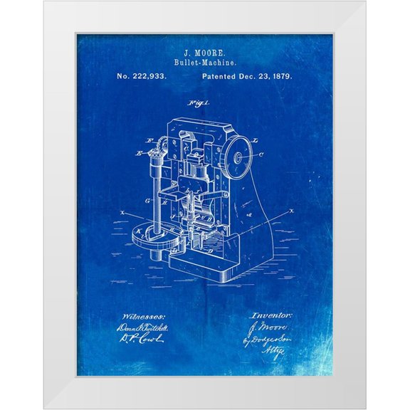 Borders, Cole 12x14 White Modern Wood Framed Museum Art Print Titled - PP757-Faded Blueprint Bullet Machine Patent Poster