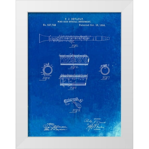 Borders, Cole 12x14 White Modern Wood Framed Museum Art Print Titled - PP768-Faded Blueprint Clarinet 1894 Patent Poster