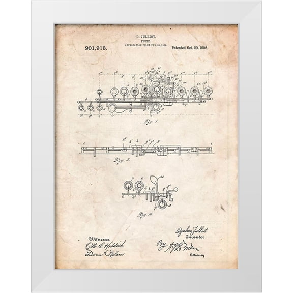 Borders, Cole 12x14 White Modern Wood Framed Museum Art Print Titled - PP820-Vintage Parchment Flute 1908 Patent Poster