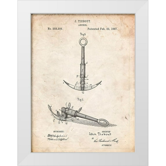 Borders, Cole 12x14 White Modern Wood Framed Museum Art Print Titled - PP821-Vintage Parchment Folding Grapnel Anchor Patent Poster