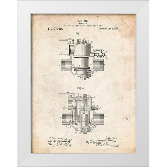 Borders, Cole 12x14 White Modern Wood Framed Museum Art Print Titled - PP835-Vintage Parchment Ford Carburetor 1916 Patent Poster