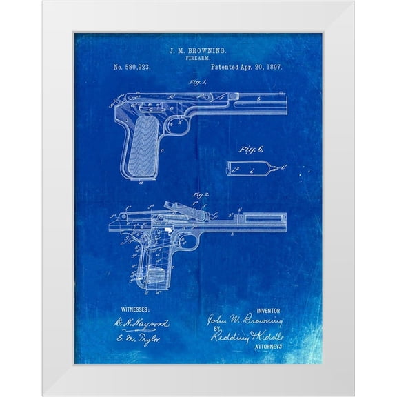 Borders, Cole 12x14 White Modern Wood Framed Museum Art Print Titled - PP894-Faded Blueprint J.M. Browning Pistol Patent Poster
