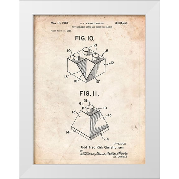 Borders, Cole 12x14 White Modern Wood Framed Museum Art Print Titled - PP920-Vintage Parchment Lego Building Kit Blocks Patent Poster