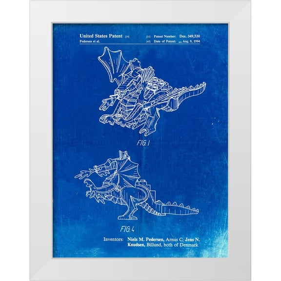 Borders, Cole 12x14 White Modern Wood Framed Museum Art Print Titled - PP925-Faded Blueprint Lego Dragon Patent Poster
