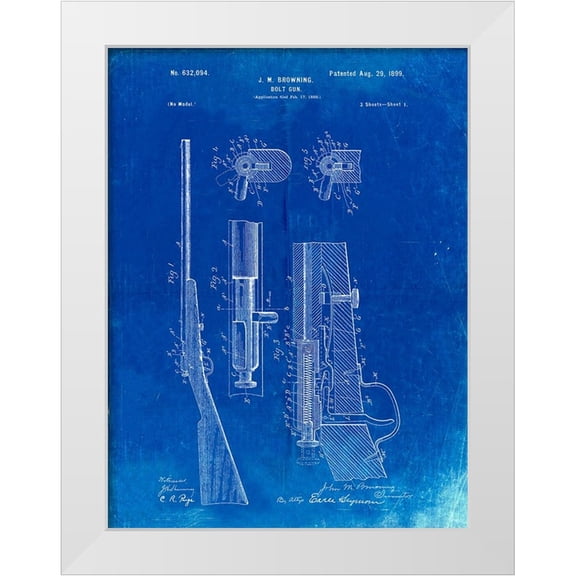 Borders, Cole 12x14 White Modern Wood Framed Museum Art Print Titled - PP93-Faded Blueprint Browning Bolt Action Gun Patent Poster