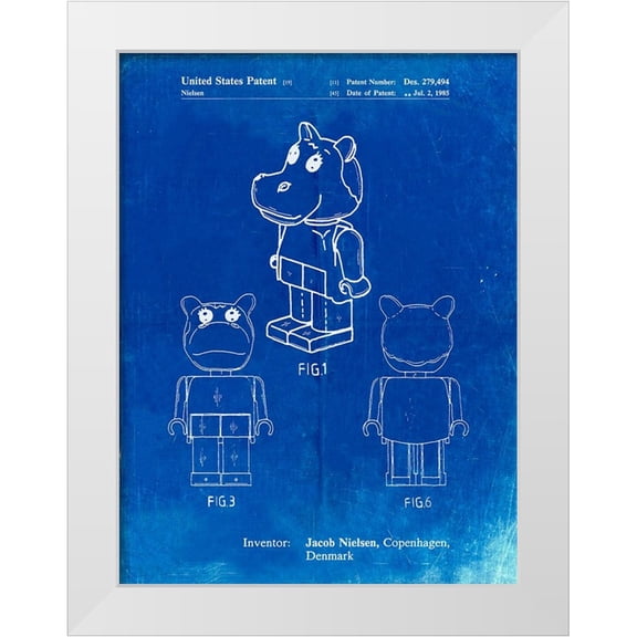 Borders, Cole 12x14 White Modern Wood Framed Museum Art Print Titled - PP931-Faded Blueprint Lego Hippopotamus Poster
