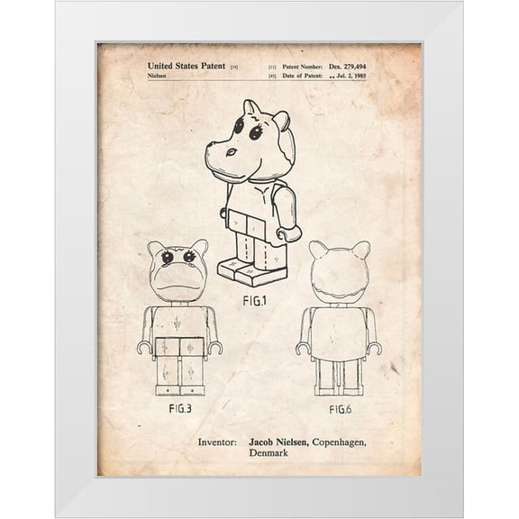 Borders, Cole 12x14 White Modern Wood Framed Museum Art Print Titled - PP931-Vintage Parchment Lego Hippopotamus Poster