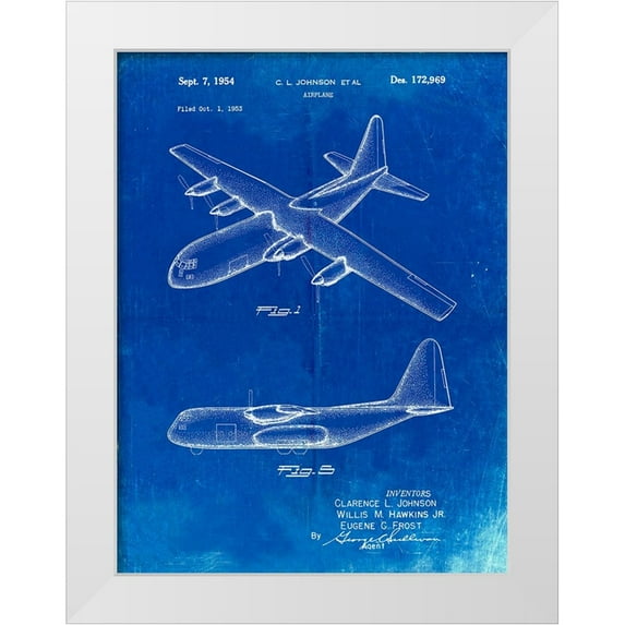 Borders, Cole 12x14 White Modern Wood Framed Museum Art Print Titled - PP943-Faded Blueprint Lockheed C-130 Hercules Airplane Patent Poster