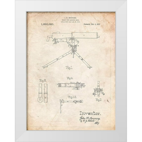 Borders, Cole 12x14 White Modern Wood Framed Museum Art Print Titled - PP964-Vintage Parchment Mount for Machine Gun Patent Poster