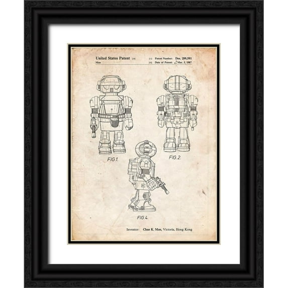 Borders, Cole 15x18 Black Ornate Wood Framed with Double Matting Museum Art Print Titled - PP1101-Vintage Parchment Toby Talking Toy Robot Patent Poster