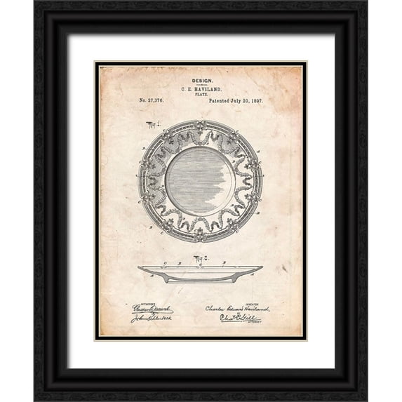 Borders, Cole 15x18 Black Ornate Wood Framed with Double Matting Museum Art Print Titled - PP150- Vintage Parchment Haviland Dinner Plate Patent Poster