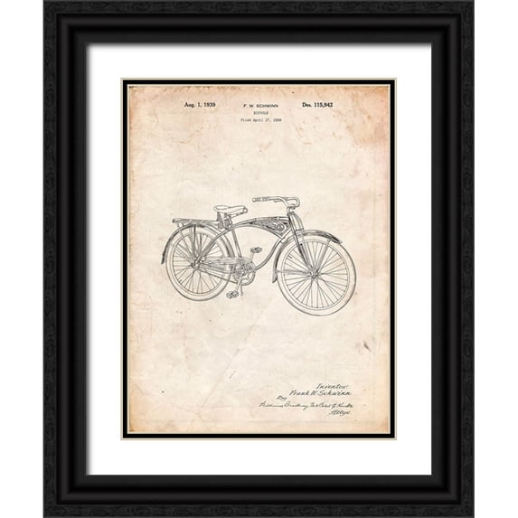 Borders, Cole 15x18 Black Ornate Wood Framed with Double Matting Museum Art Print Titled - PP446-Vintage Parchment Schwinn 1939 BC117 Bicycle Patent Poster