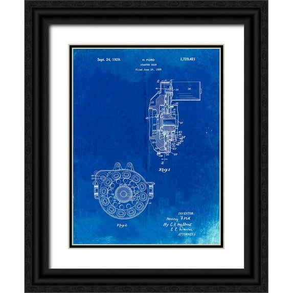 Borders, Cole 15x18 Black Ornate Wood Framed with Double Matting Museum Art Print Titled - PP833-Faded Blueprint Ford Car Starter Gear 1928 Patent Poster