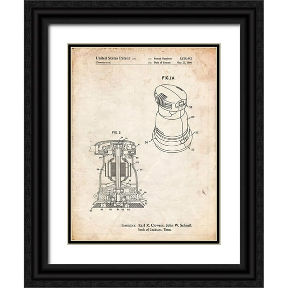 Borders, Cole 15x18 Black Ornate Wood Framed with Double Matting Museum Art Print Titled - PP998-Vintage Parchment Porter Cable Palm Grip Sander Patent Poster