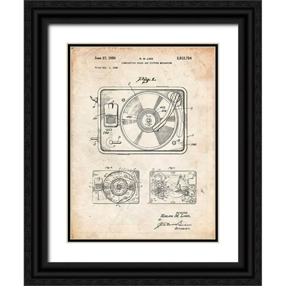 Borders, Cole 15x18 Black Ornate Wood Framed with Double Matting Museum Art Print Titled - PP1009-Vintage Parchment Record Player Patent Poster