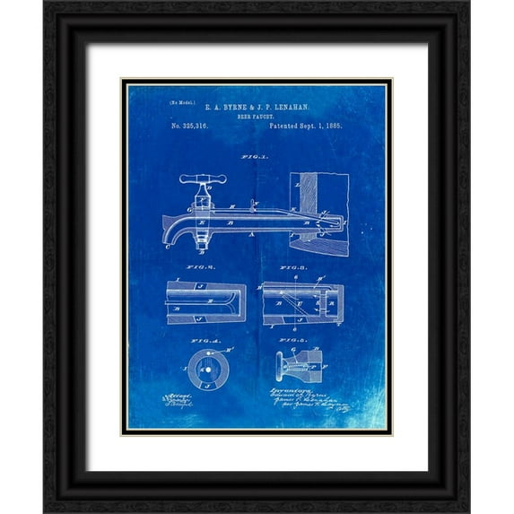 Borders, Cole 15x18 Black Ornate Wood Framed with Double Matting Museum Art Print Titled - PP185- Faded Blueprint Beer Tap Patent Poster