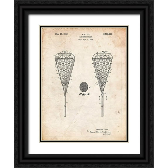 Borders, Cole 15x18 Black Ornate Wood Framed with Double Matting Museum Art Print Titled - PP199- Vintage Parchment Lacrosse Stick 1948 Patent Poster