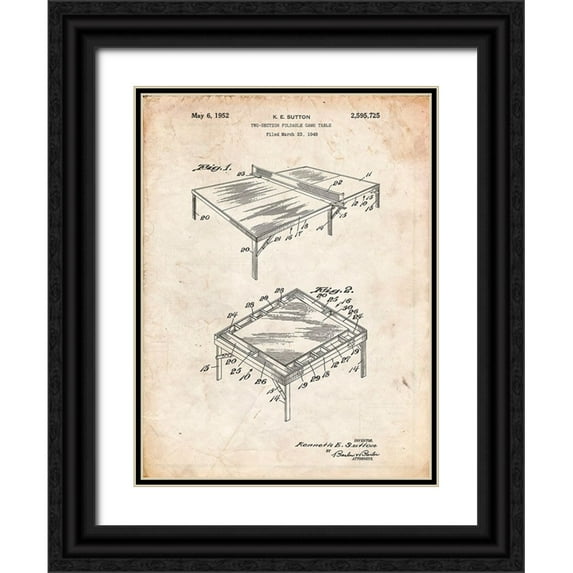 Borders, Cole 15x18 Black Ornate Wood Framed with Double Matting Museum Art Print Titled - PP629-Vintage Parchment Ping Pong Table Patent Poster