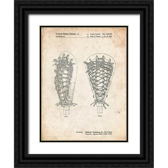 Borders, Cole 15x18 Black Ornate Wood Framed with Double Matting Museum Art Print Titled - PP916-Vintage Parchment Lacrosse Stick Patent Poster