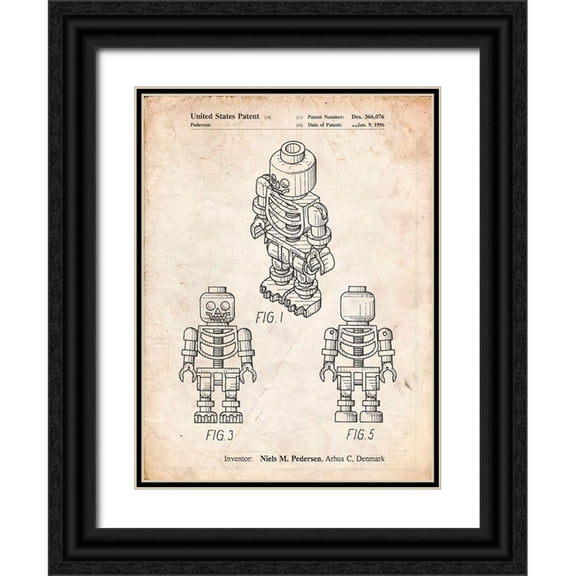 Borders, Cole 15x18 Black Ornate Wood Framed with Double Matting Museum Art Print Titled - PP936-Vintage Parchment Lego Skeleton Patent Poster