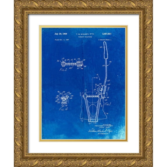 Borders, Cole 15x18 Gold Ornate Wood Framed with Double Matting Museum Art Print Titled - PP1122-Faded Blueprint Vibrato Tailpiece Patent Wall Art Poster