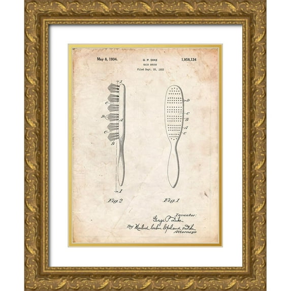 Borders, Cole 15x18 Gold Ornate Wood Framed with Double Matting Museum Art Print Titled - PP352-Vintage Parchment Wooden Hair Brush 1933 Patent Poster