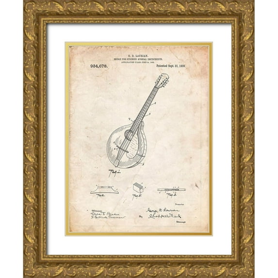 Borders, Cole 15x18 Gold Ornate Wood Framed with Double Matting Museum Art Print Titled - PP499-Vintage Parchment Gibson Mandolin Bridge Patent Poster