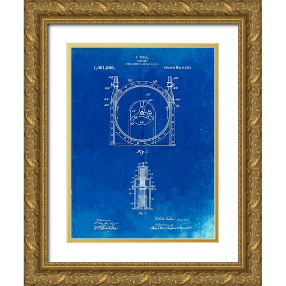 Borders, Cole 15x18 Gold Ornate Wood Framed with Double Matting Museum Art Print Titled - PP1097-Faded Blueprint Tesla Turbine Patent Poster