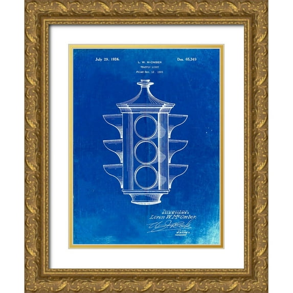 Borders, Cole 15x18 Gold Ornate Wood Framed with Double Matting Museum Art Print Titled - PP1109-Faded Blueprint Traffic Light 1923 Patent Poster