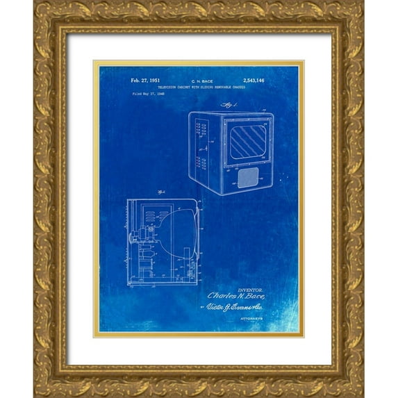 Borders, Cole 15x18 Gold Ornate Wood Framed with Double Matting Museum Art Print Titled - PP1115-Faded Blueprint Tube Television Patent Poster