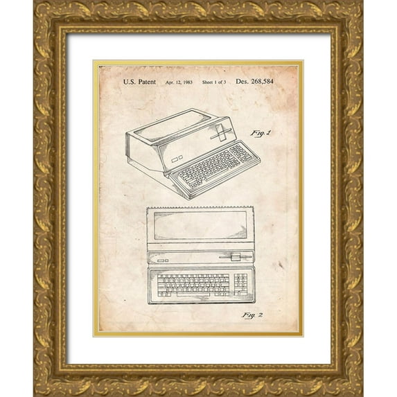 Borders, Cole 15x18 Gold Ornate Wood Framed with Double Matting Museum Art Print Titled - PP171- Vintage Parchment Apple III Computer Patent Poster
