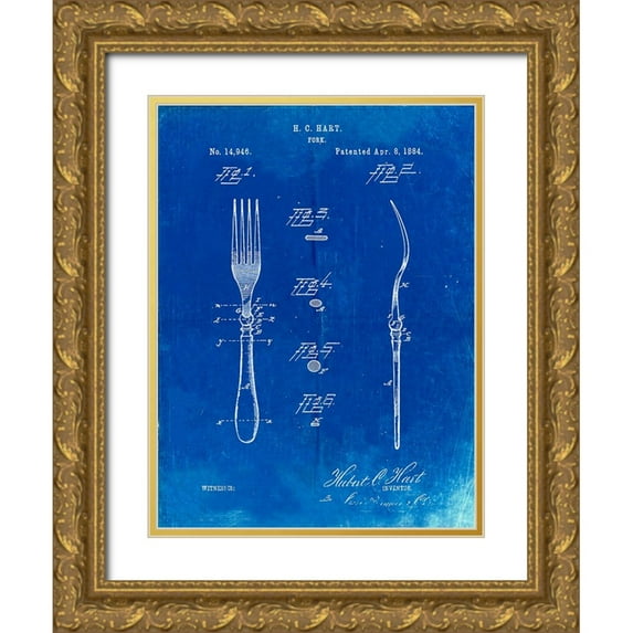 Borders, Cole 15x18 Gold Ornate Wood Framed with Double Matting Museum Art Print Titled - PP238-Faded Blueprint Fork Patent Poster