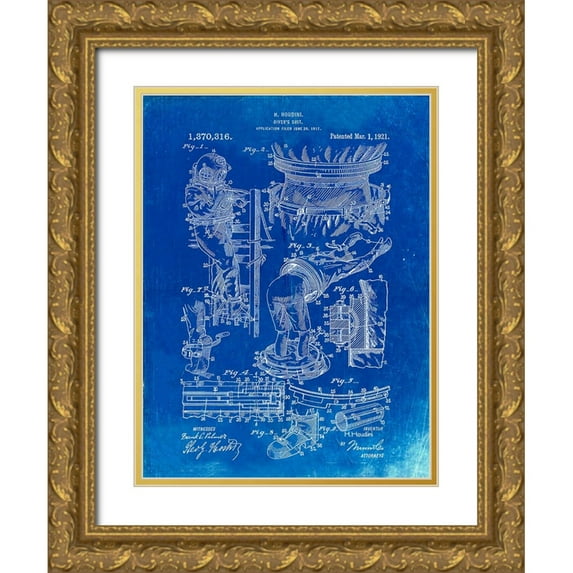 Borders, Cole 15x18 Gold Ornate Wood Framed with Double Matting Museum Art Print Titled - PP32-Faded Blueprint Houdini Diving Suit Patent Poster