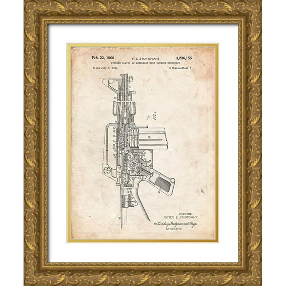 Borders, Cole 15x18 Gold Ornate Wood Framed with Double Matting Museum Art Print Titled - PP44-Vintage Parchment M-16 Rifle Patent Poster
