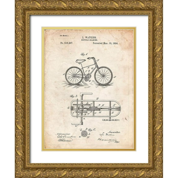 Borders, Cole 15x18 Gold Ornate Wood Framed with Double Matting Museum Art Print Titled - PP51-Vintage Parchment Bicycle Gearing 1894 Patent Poster