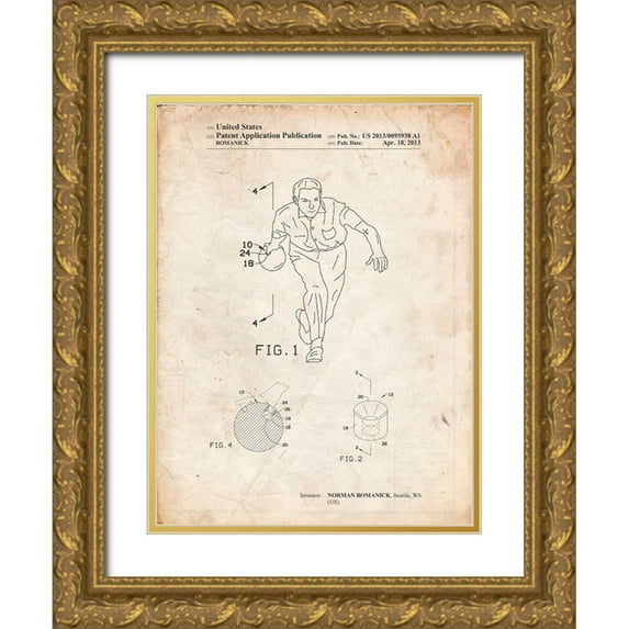 Borders, Cole 15x18 Gold Ornate Wood Framed with Double Matting Museum Art Print Titled - PP549-Vintage Parchment Bowling Ball Patent Poster
