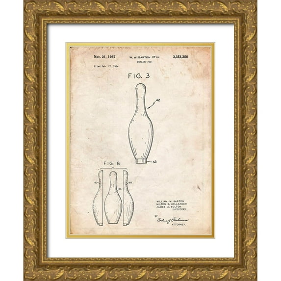 Borders, Cole 15x18 Gold Ornate Wood Framed with Double Matting Museum Art Print Titled - PP641-Vintage Parchment Bowling Pin 1967 Patent Poster