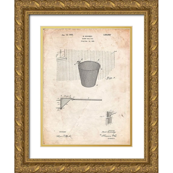Borders, Cole 15x18 Gold Ornate Wood Framed with Double Matting Museum Art Print Titled - PP717-Vintage Parchment Basketball Goal Patent Poster