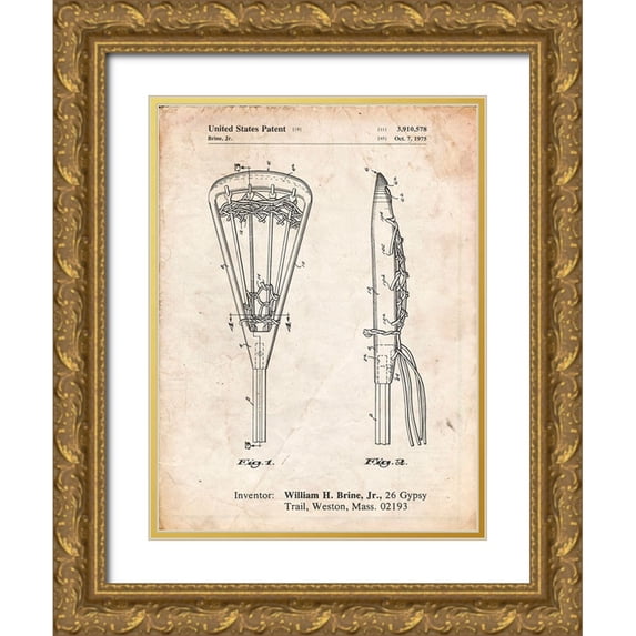 Borders, Cole 15x18 Gold Ornate Wood Framed with Double Matting Museum Art Print Titled - PP915-Vintage Parchment Lacrosse Stick 1936 Patent Poster