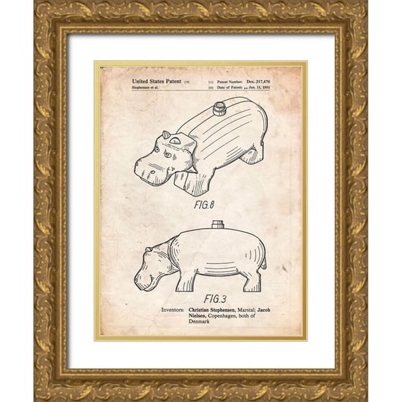 Borders, Cole 15x18 Gold Ornate Wood Framed with Double Matting Museum Art Print Titled - PP930-Vintage Parchment Lego Hippopotamus Patent Poster