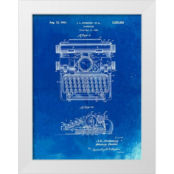 Borders, Cole 15x18 White Modern Wood Framed Museum Art Print Titled - PP1029-Faded Blueprint School Typewriter Patent Poster
